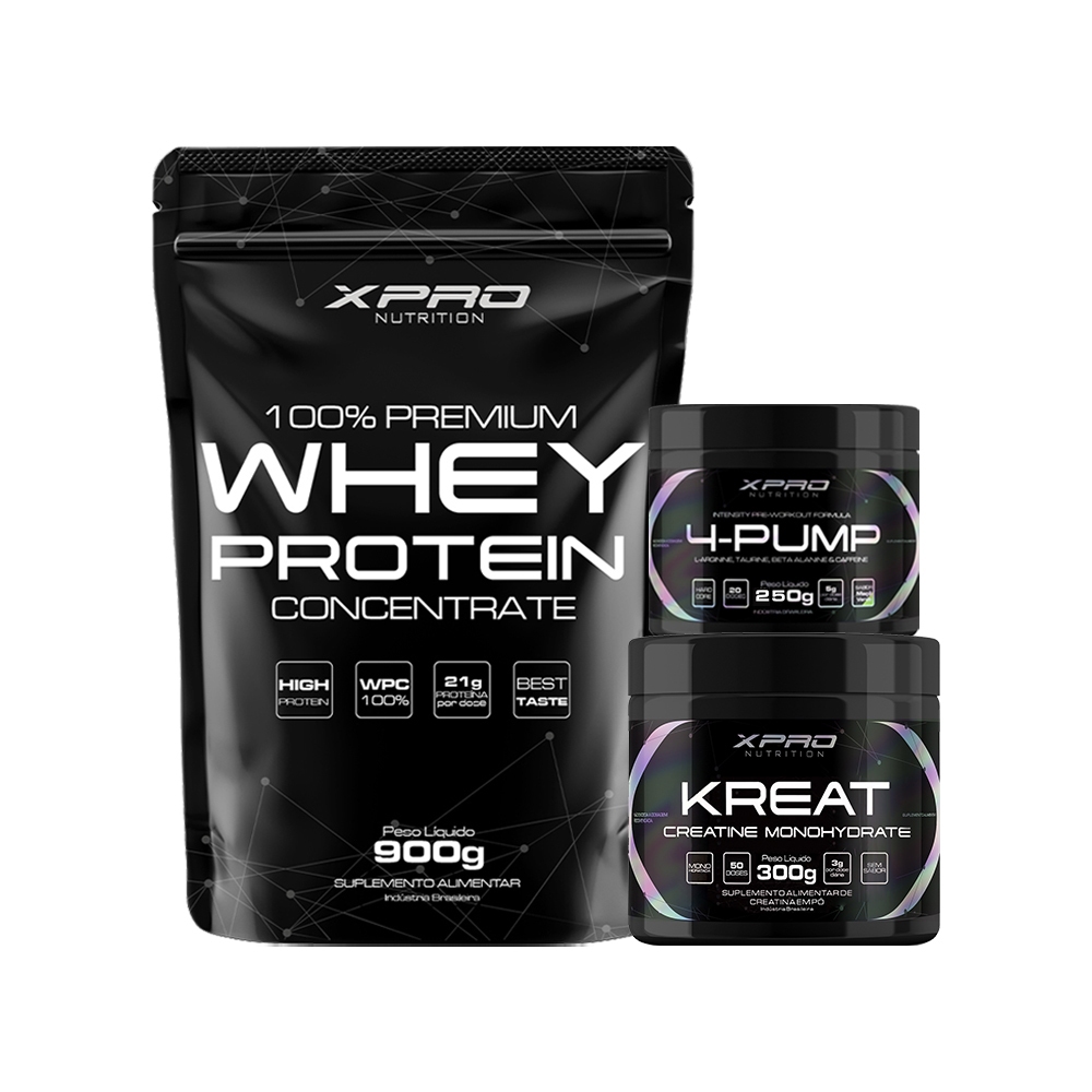 Imagem Kit 100% Whey Protein 900g + Creatina Kreat 300g + Pré-Treino 4-Pump 250g - XPro Nutrition