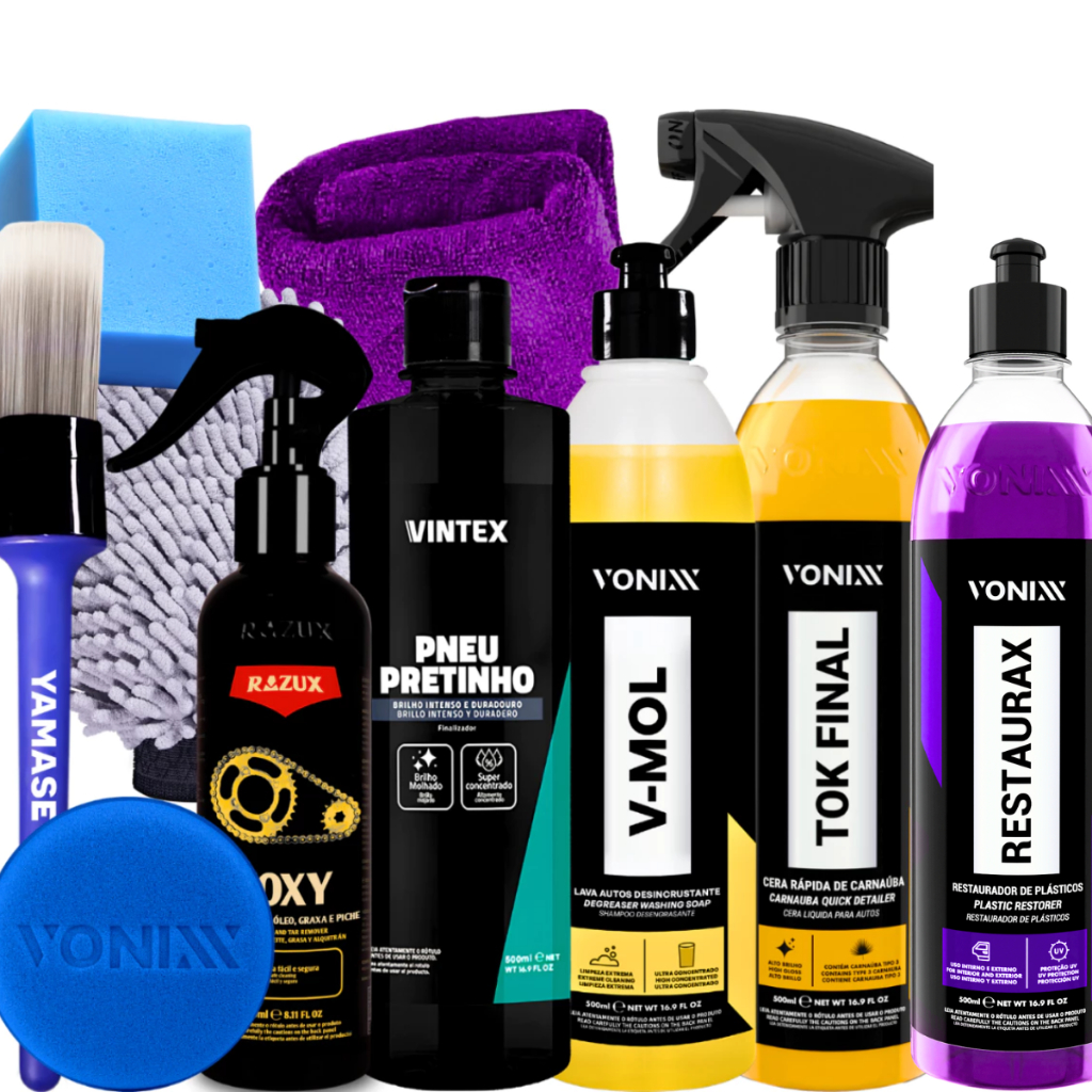 Kit Produto para Lavar Moto Cera Shampoo Desengraxante Restaurador Limpador de Corrente Pretinho Vonixx em Oferta na Shopee