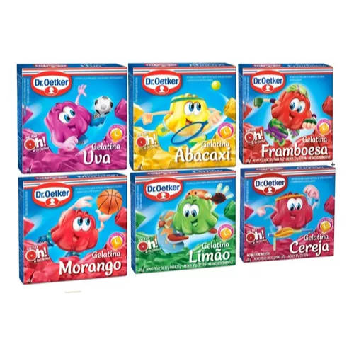 Kit Gelatina Dr Oetker 6 sabores Uva, Abacaxi, Framboesa, Maracujá, Limão, Cereja ( Brinde  Amora Ou Morango)