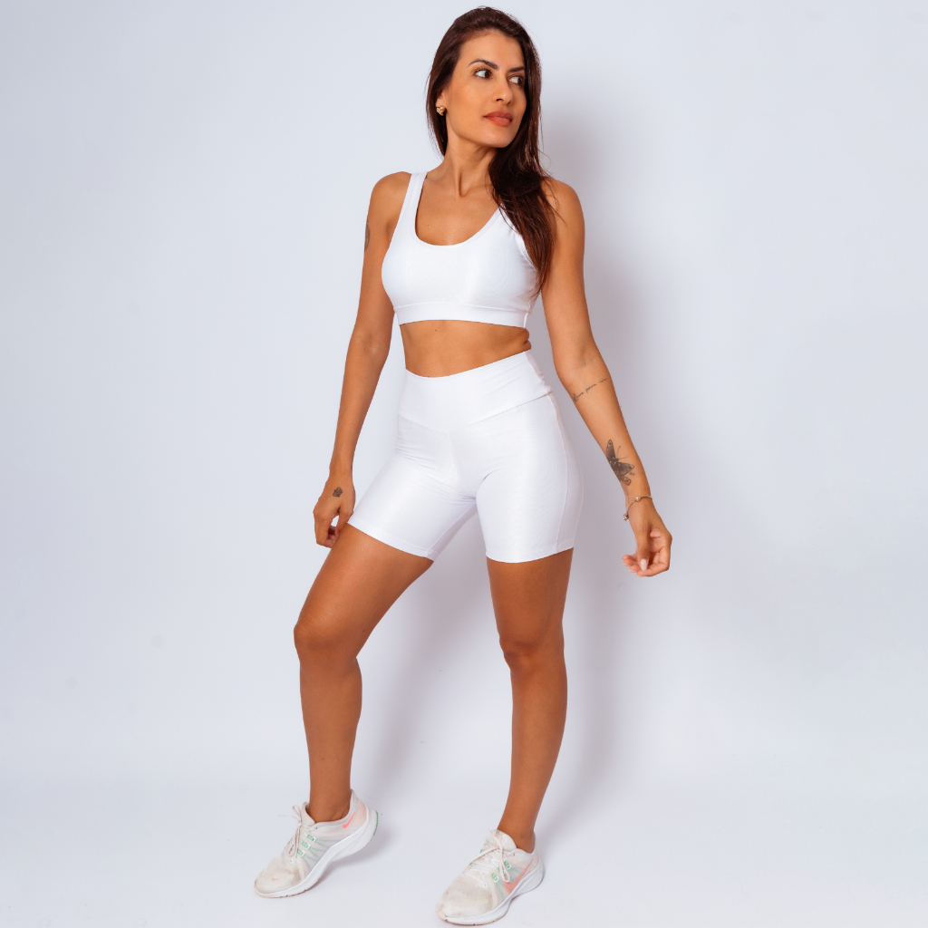 Conjunto Top Regata Shine + Bermuda Meia Coxa Mais Comprida Micro Canelado Abertura Bojo em Oferta na Shopee