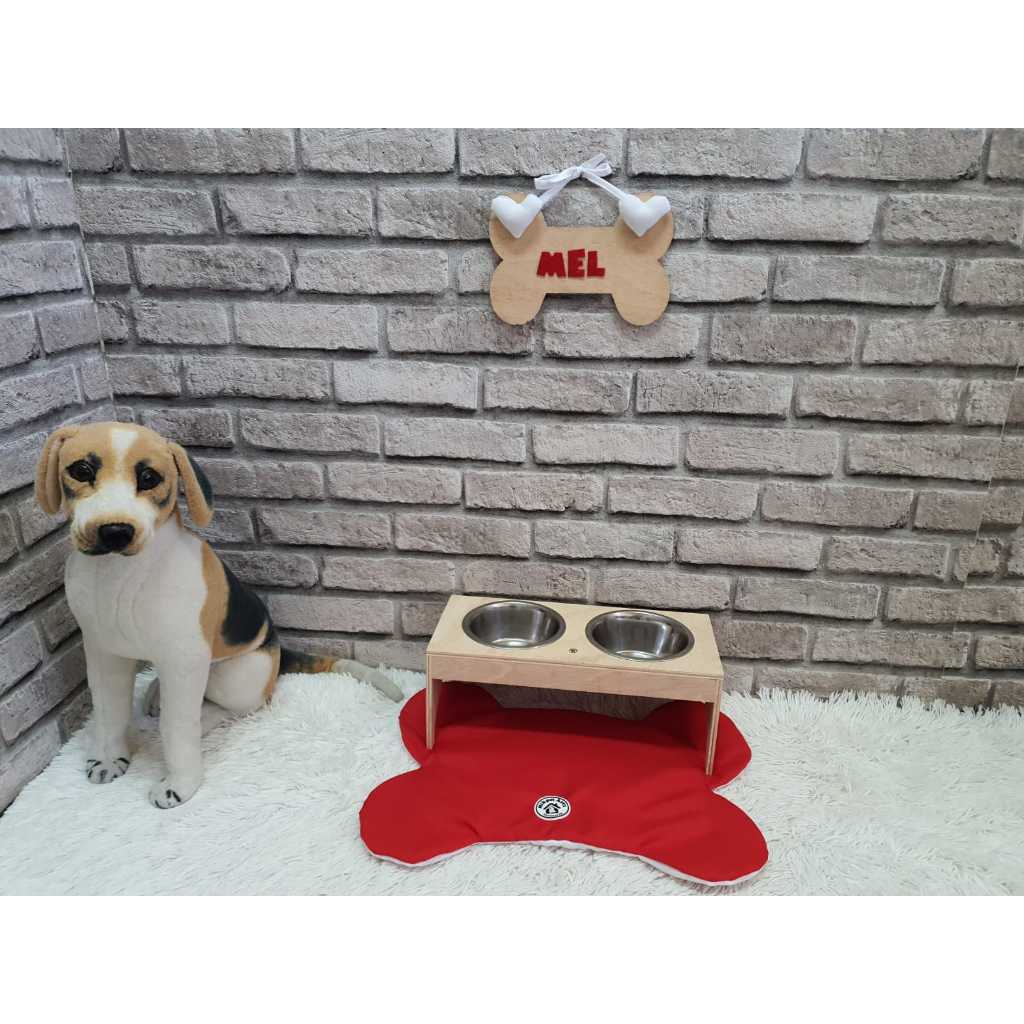 Comedouro Duplo Elevado Jogo Americano Vermelho Plaquinha Personalizada Cantinho Pet