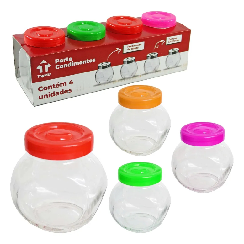 Kit 4 Porta Tempero Condimento Pote De Vidro 280 ML Baleiro Jogo Cozinha Decoração