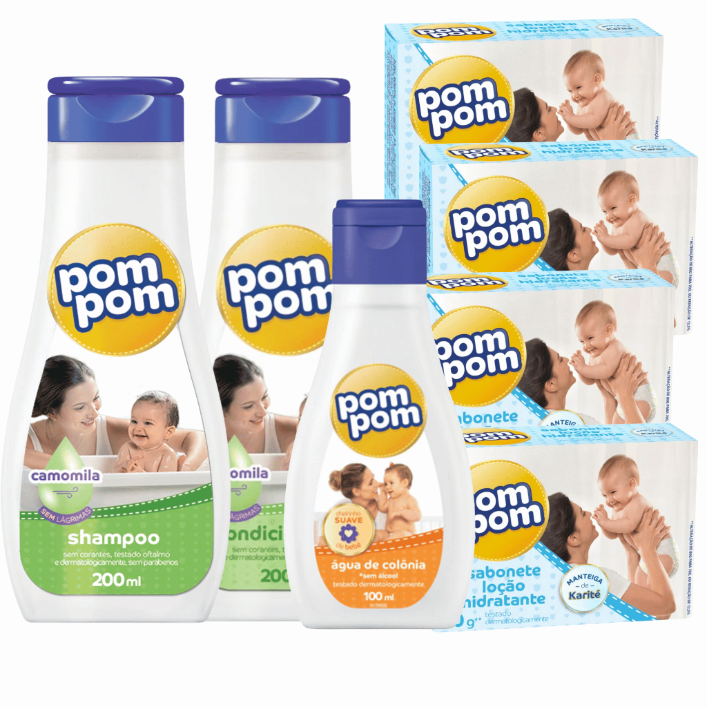 KIT Banho Completo POM POM Shampoo Condicionador Camomila Água de Colônia e 4 Sabonetes em Barra