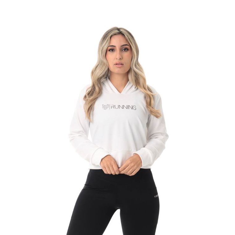 Casaco Cropped Feminino Moletom com Capuz Branco
