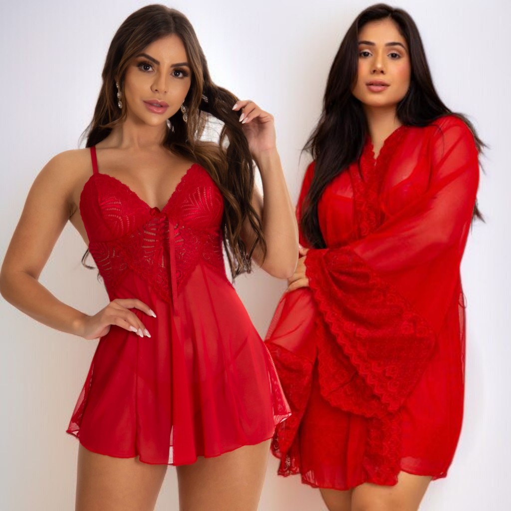 Kit Camisola com Robe de Renda e Tule Transparente Feminino Lingerie Completa Sensual