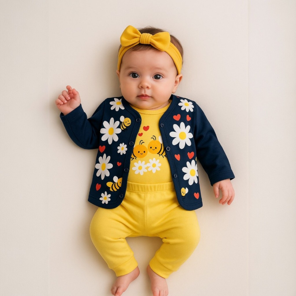 Roupa de bebê menina 3 peças - Body, Calça e Cardigan ( RN ao GG ) - 100% Algodão Suedine