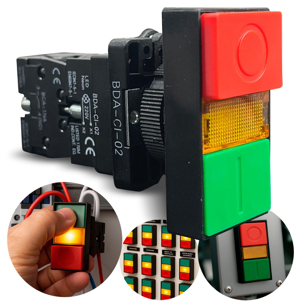 Botao Comando Duplo Com Iluminação Central Liga Desliga Verde Vermelho c/ Ressalto Iluminado 1na+1nf