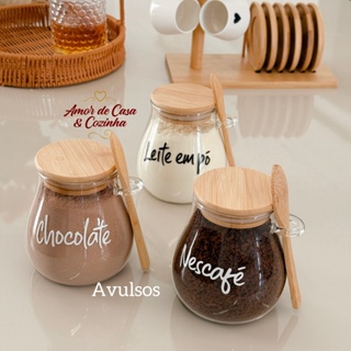 ESCOLHA A PERSONALIZAÇÃO 400ML POTE STYLE TAMPA E COLHER DE BAMBU em Oferta na Shopee