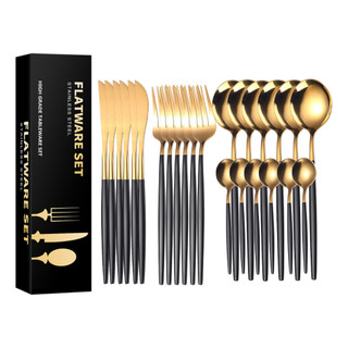 Kit 24 Pçs Talheres Cozinha Garfo Faca Colher Aço Inox Ouro Dourado