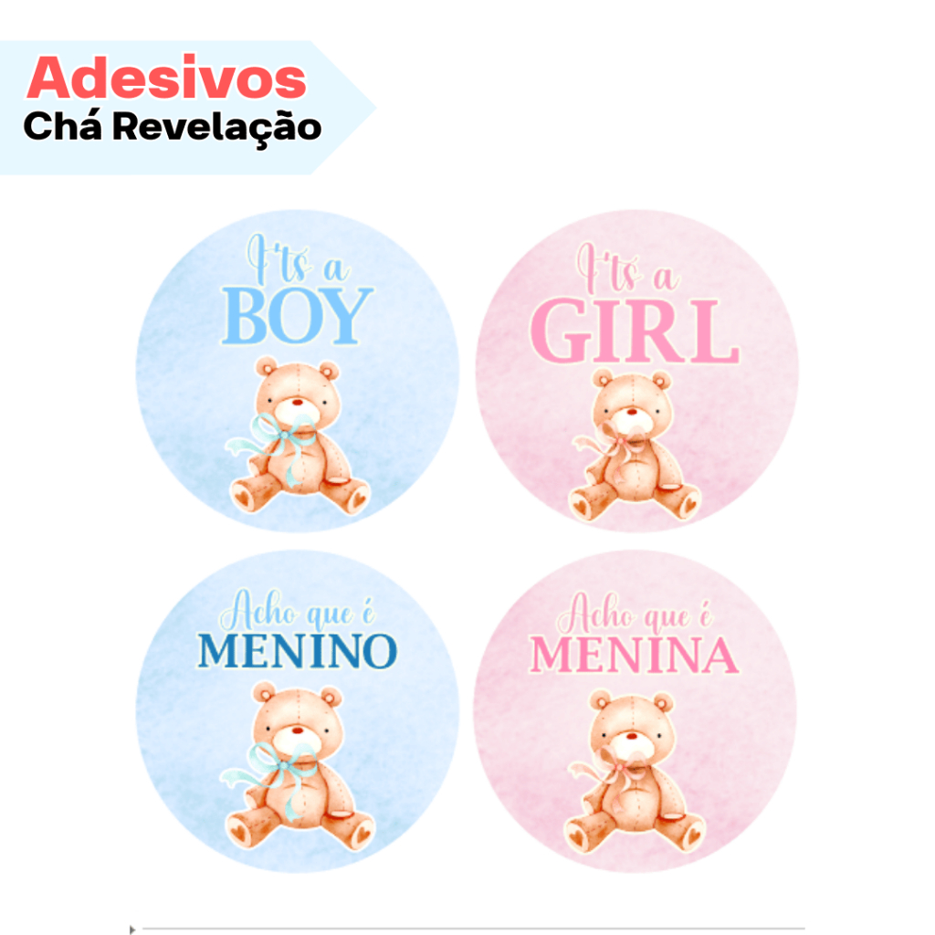 120 Adesivos p/ Chá Revelação Tema Azul e Rosa Ursinhos | Menino ou Menina | I'ts a Boy | I'ts a Girl
