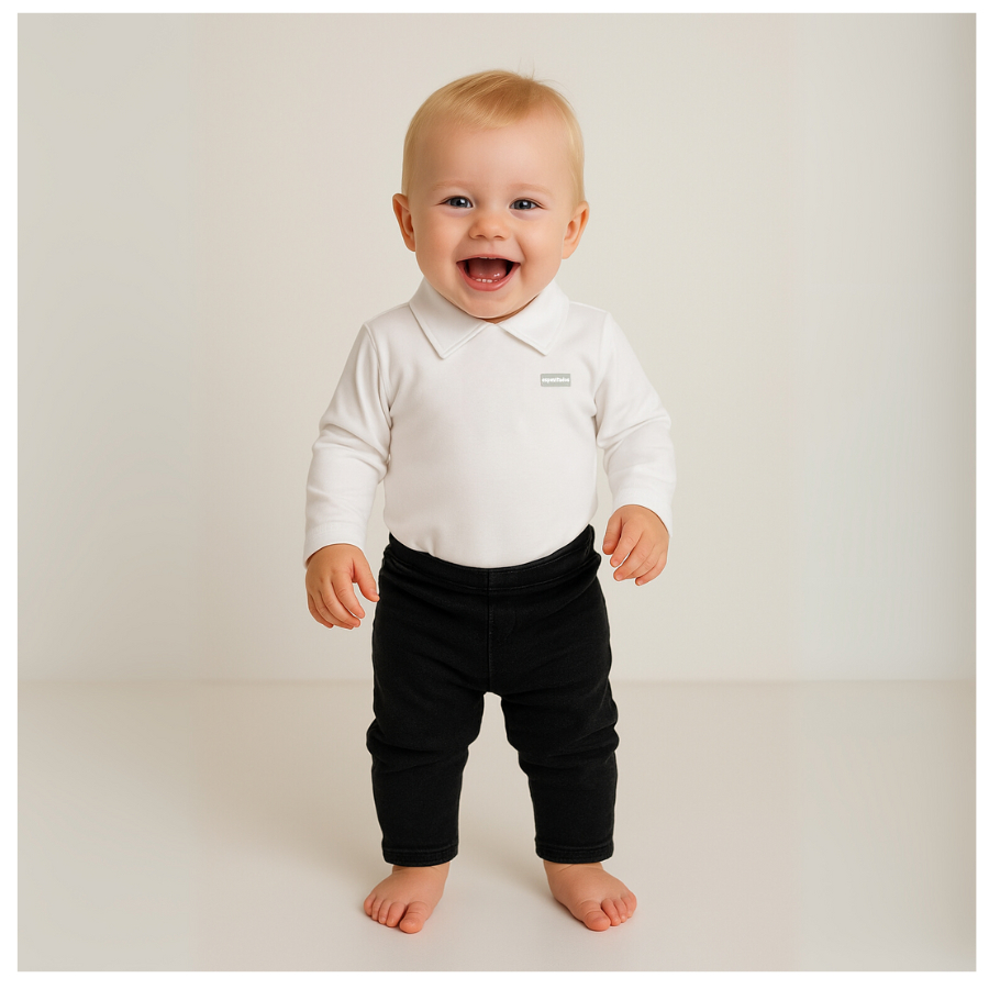 Body bebê manga longa com gola polo 100% algodão premium branco