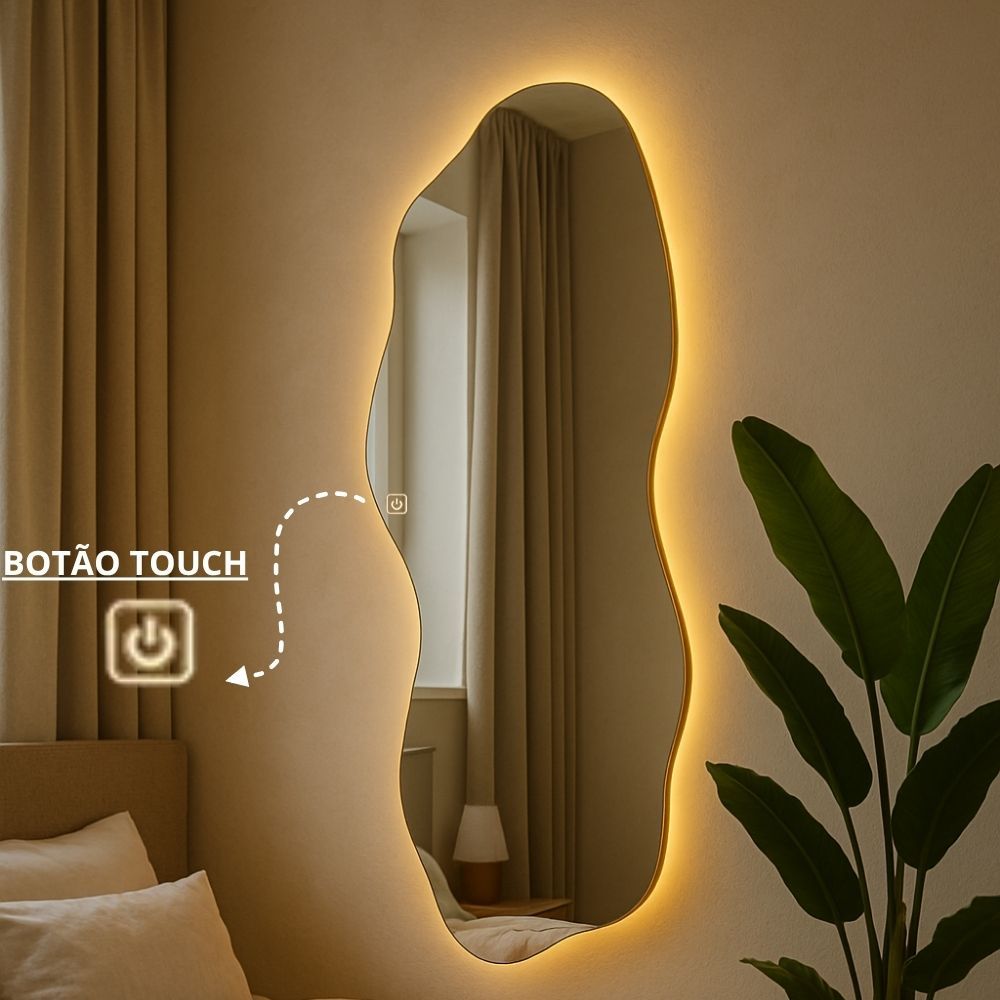 Espelho com LED Grande Corpo Inteiro Orgânico Touch Screen Decorativo Moderno para Sala Quarto Closet