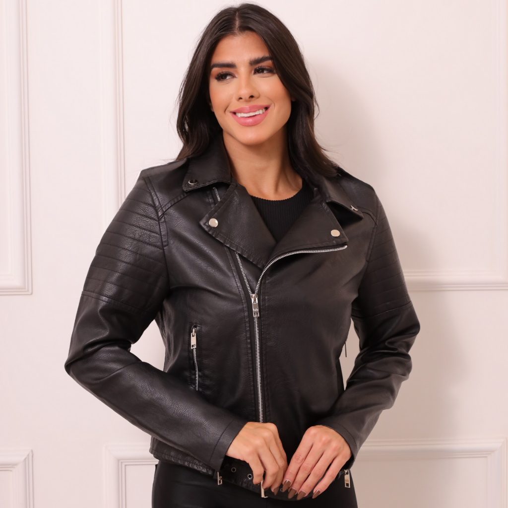 Jaqueta de Couro Feminino Motociclista Gola Lapela Moto Clube Cinto Fechar Courino Fake PU Ocasional em Oferta na Shopee