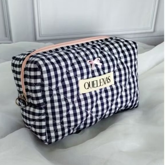 Necessaire Box Xadrez Azul, Bolsa Organizador Cosmético, Maquiagem, Para Viagem, Alta Qualidade, Espaçosa, Impermeável