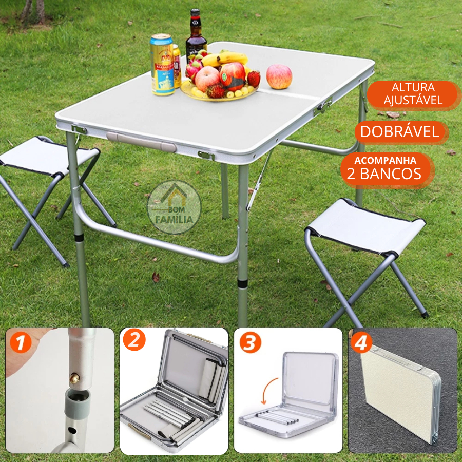 Mesa Dobrável Portátil Camping 90 x 60CM Alumínio MDF Ajuste de Tamanho Alça Vira Maleta e 2 Bancos