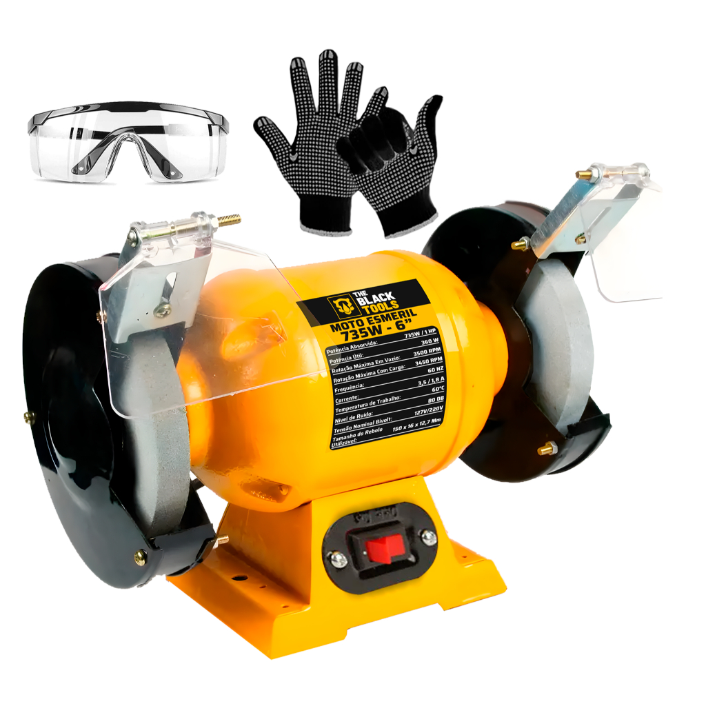 Moto Esmeril De Bancada 6 Polegadas 735w 1hp 2 Rebolos De Bancada The Black Tools + Óculos E Luvas