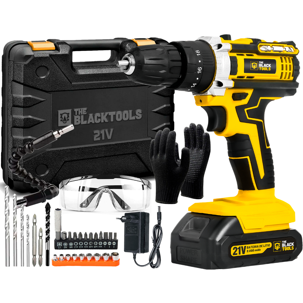Parafusadeira Furadeira De Impacto Profissional 21v The Black Tools + Óculos E Luvas em Oferta na Shopee