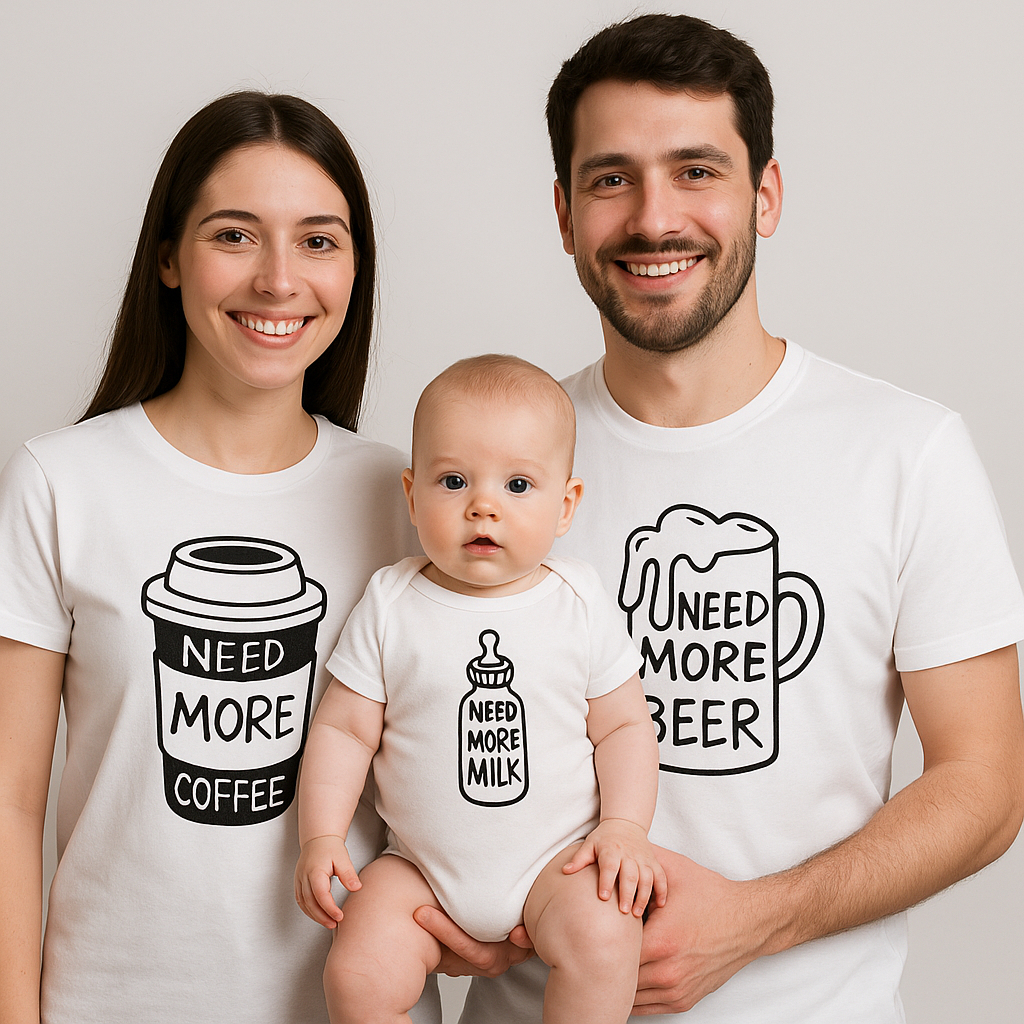 Kit Família 3 Peças Pai Mãe e Filho (a) Need Beer Coffee Milk Camisetasl Tal Pai, Tal Mãe, Tal Filho (a) BRANCO