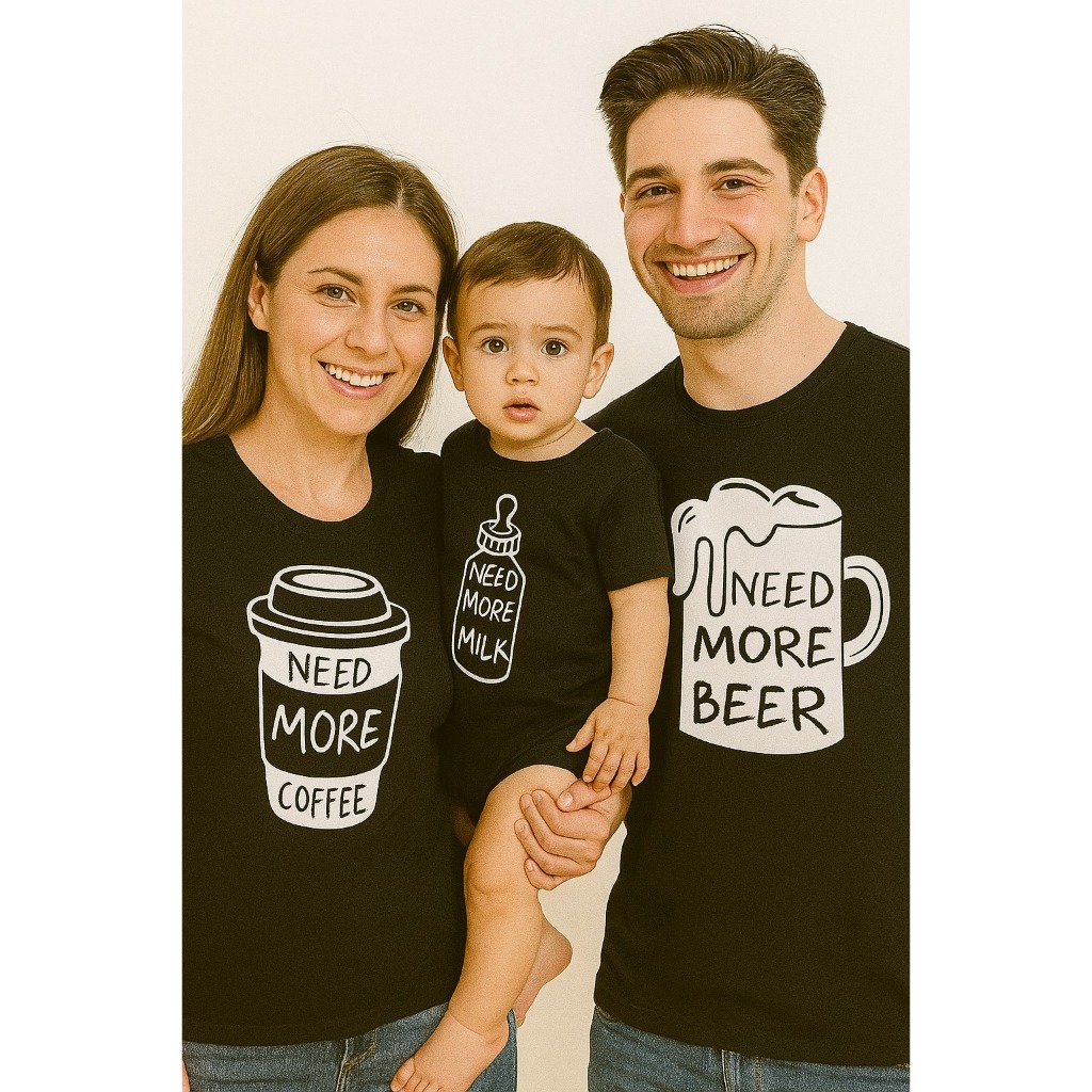 Kit Família 3 Peças Pai Mãe e Filho (a) Need Beer Coffee Milk Camisetasl Tal Pai, Tal Mãe, Tal Filho (a) PRETO