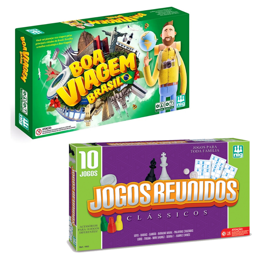 Jogo Tabuleiro Educativo Boa Viagem Brasil + 10 Jogos Ludo Dama Xadrez Trilha Batalha Naval - Nig