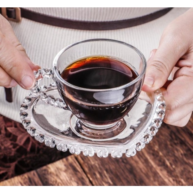 LYOR - Kit xícaras para Chá 170ml ou 80ml com Pires de Cristal de Coração