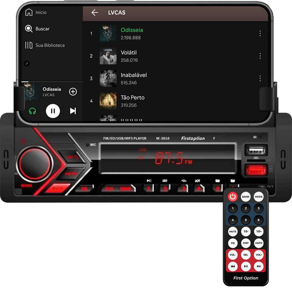 Rádio MP3 Player Som Automotivo Bluetooth Universal Suporte para Celular USB SD First Option 3010F