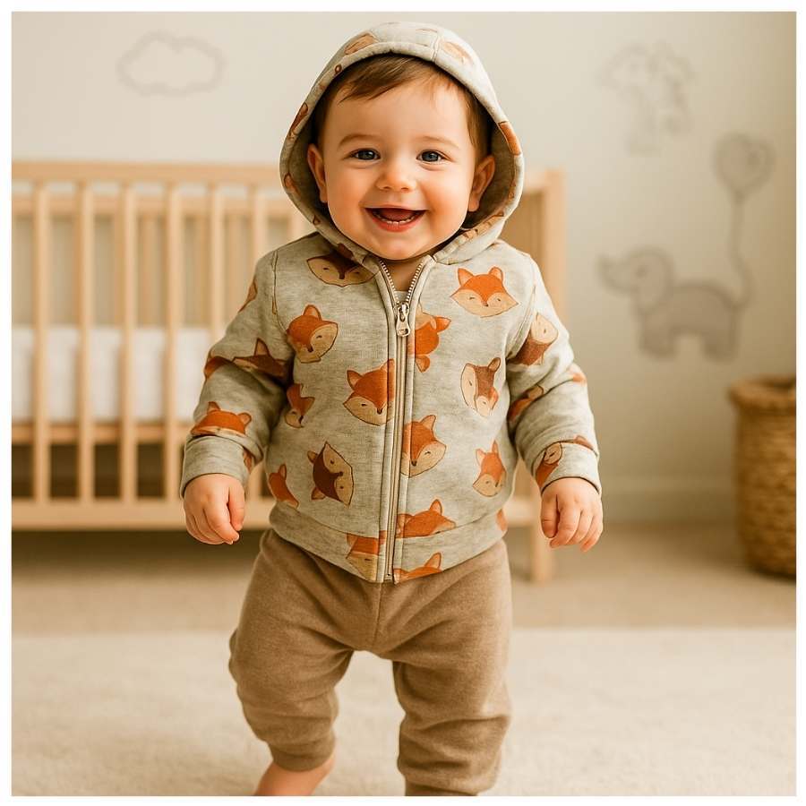Conjunto longo bebê e infantil plush mescla estampado raposas com touca conjunto inverno