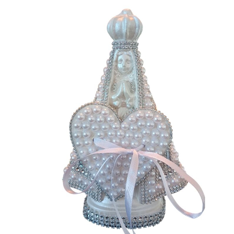 Porta Aliança de Coração Casamento com Imagem de Nossa Senhora Aparecida 22cm Branca Pérola strass Prata!