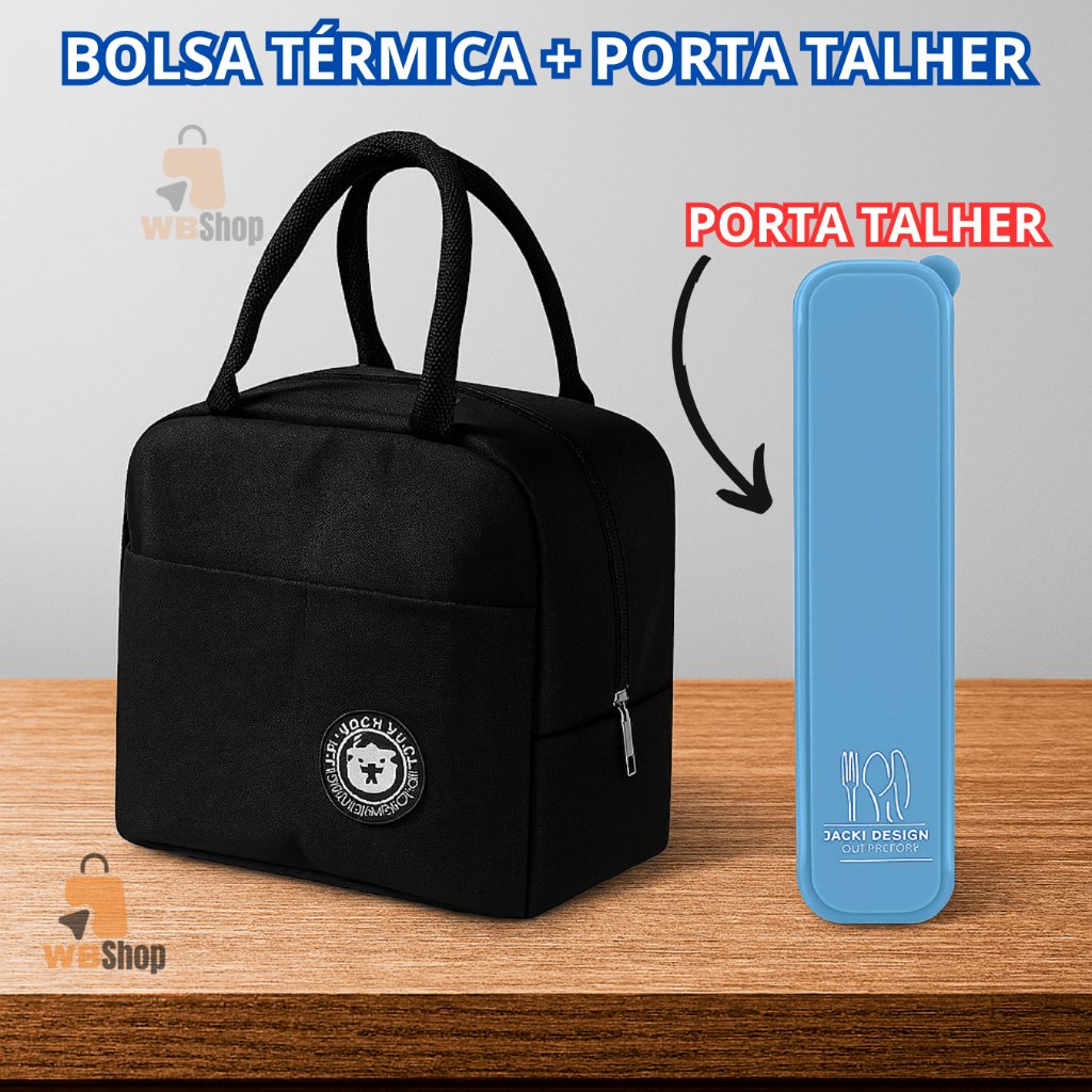 Imagem Kit Bolsa Térmica Para Marmita Lancheira Com Alça Viagem + Porta Talher Feminina Masculina
