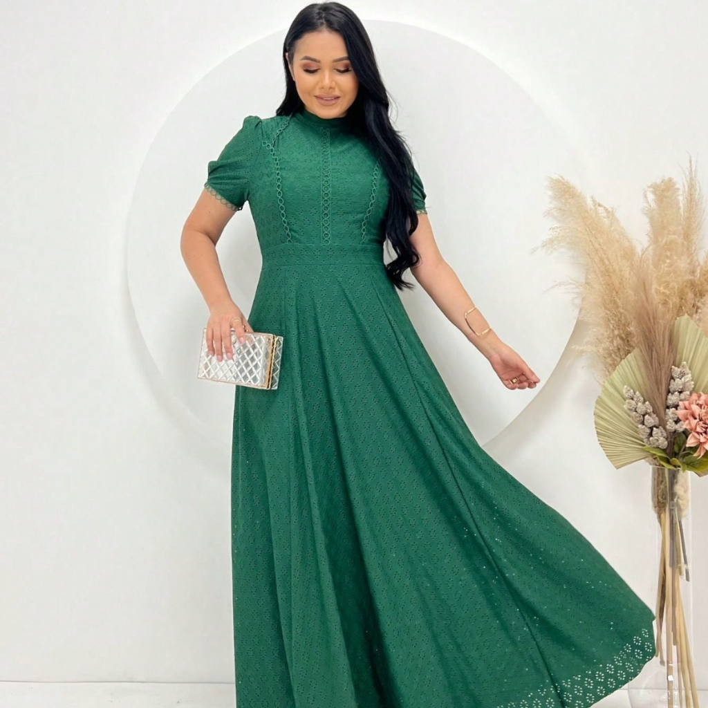 Vestido Feminino Evangélico Longo Elegante Com Manga Bufante Moda Cristã