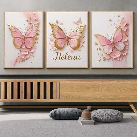 Kit 3 Quadros Decorativos Borboletas Rosas Nome Personalizado Charme e Delicadeza para seu...