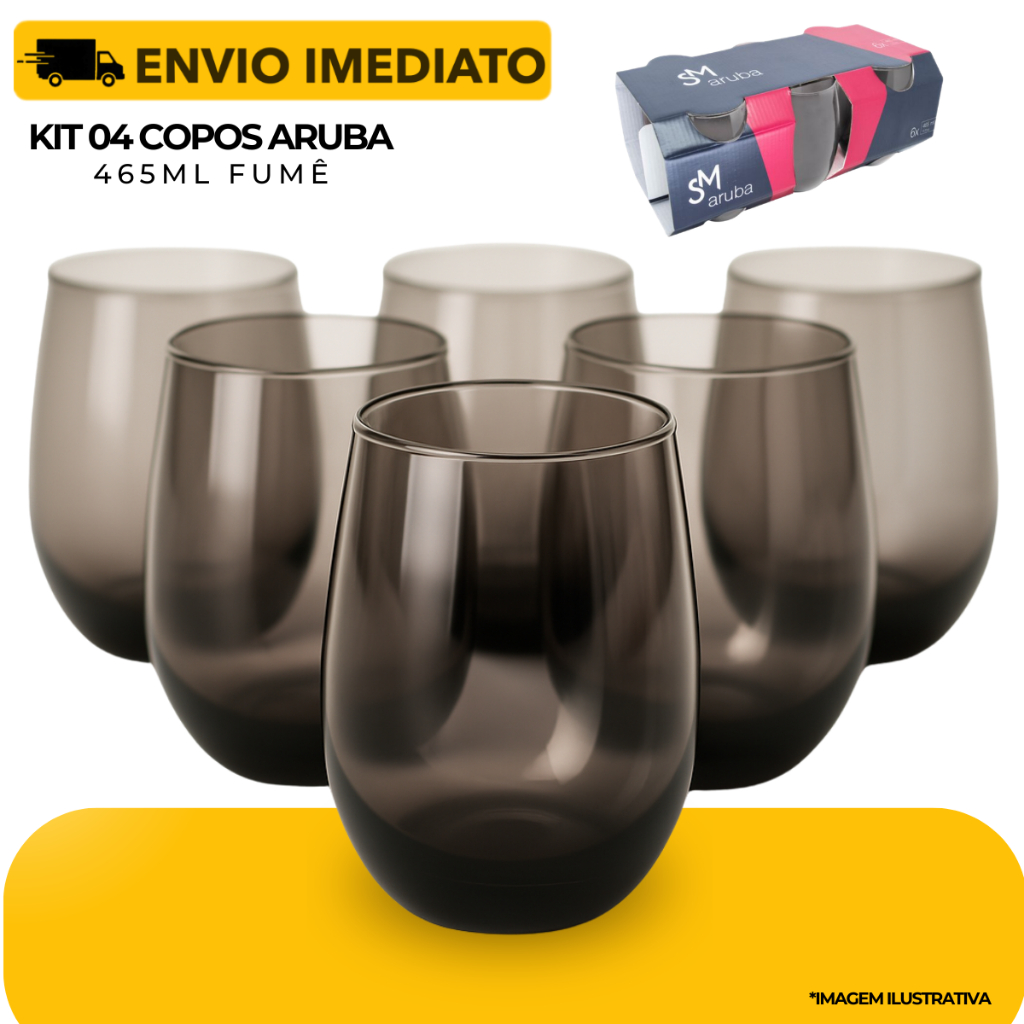 Jogo Copos Aruba Vidro Fumê Multiuso Luxo 465ml Cinza - 4 Copos Nadir