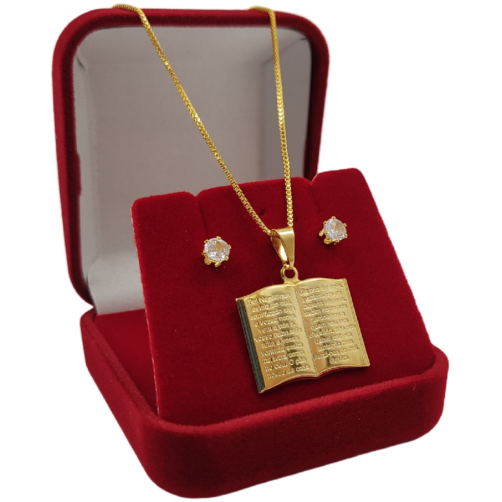 Conjunto Cordão Veneziano Pingente Bíblia Pai Nosso Feminino + Brincos Ponto de Luz Banhado a Ouro 18K
