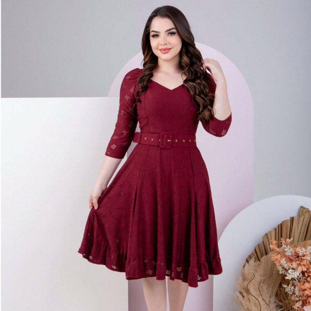 Vestido Moda Evangélica Midi Feminino De Renda Com Cinto Elegante Manga 3/4