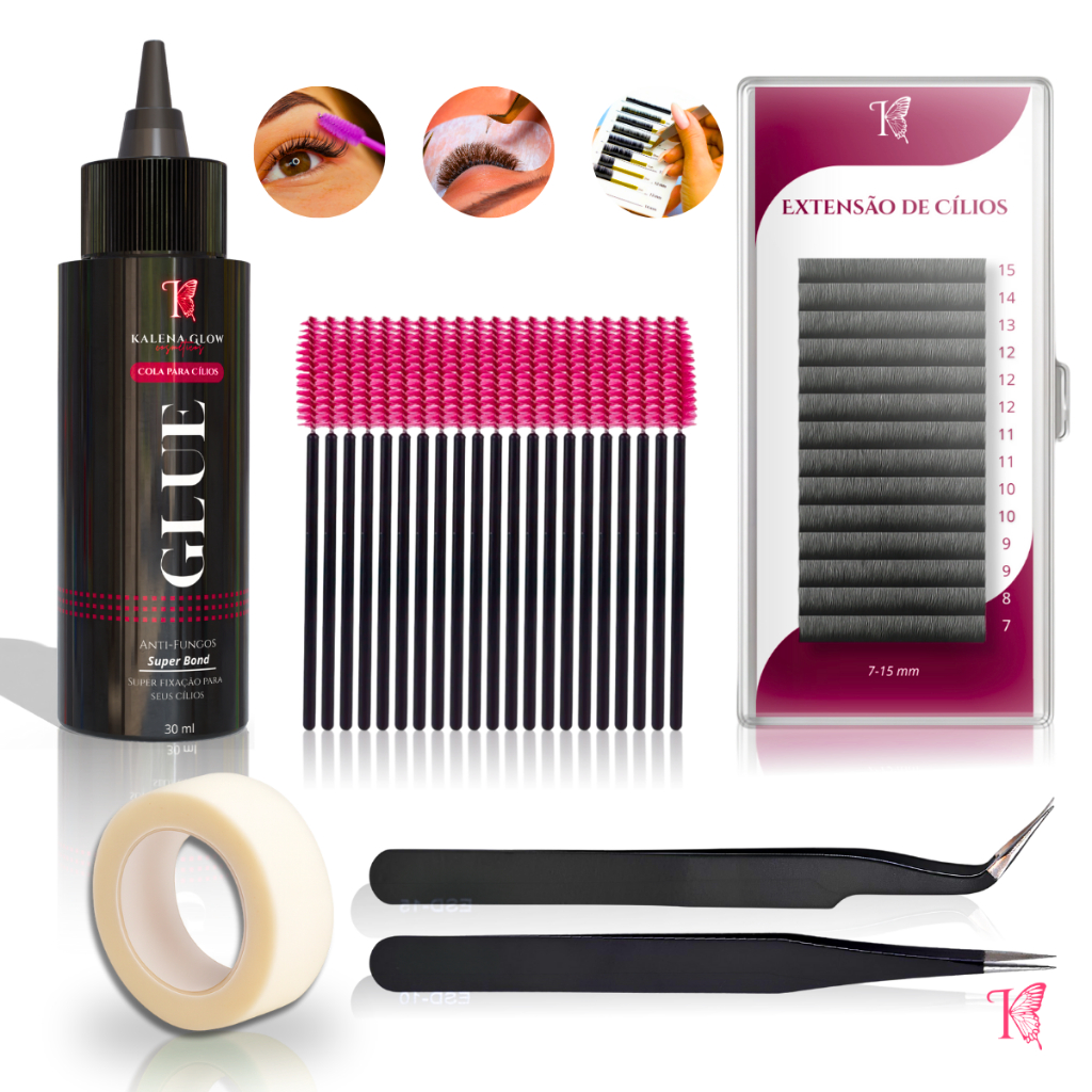Kit Extensão de Cílios Lash Designer Cola + Pinça + Escovinha + Micropore Iniciante ou Profissional