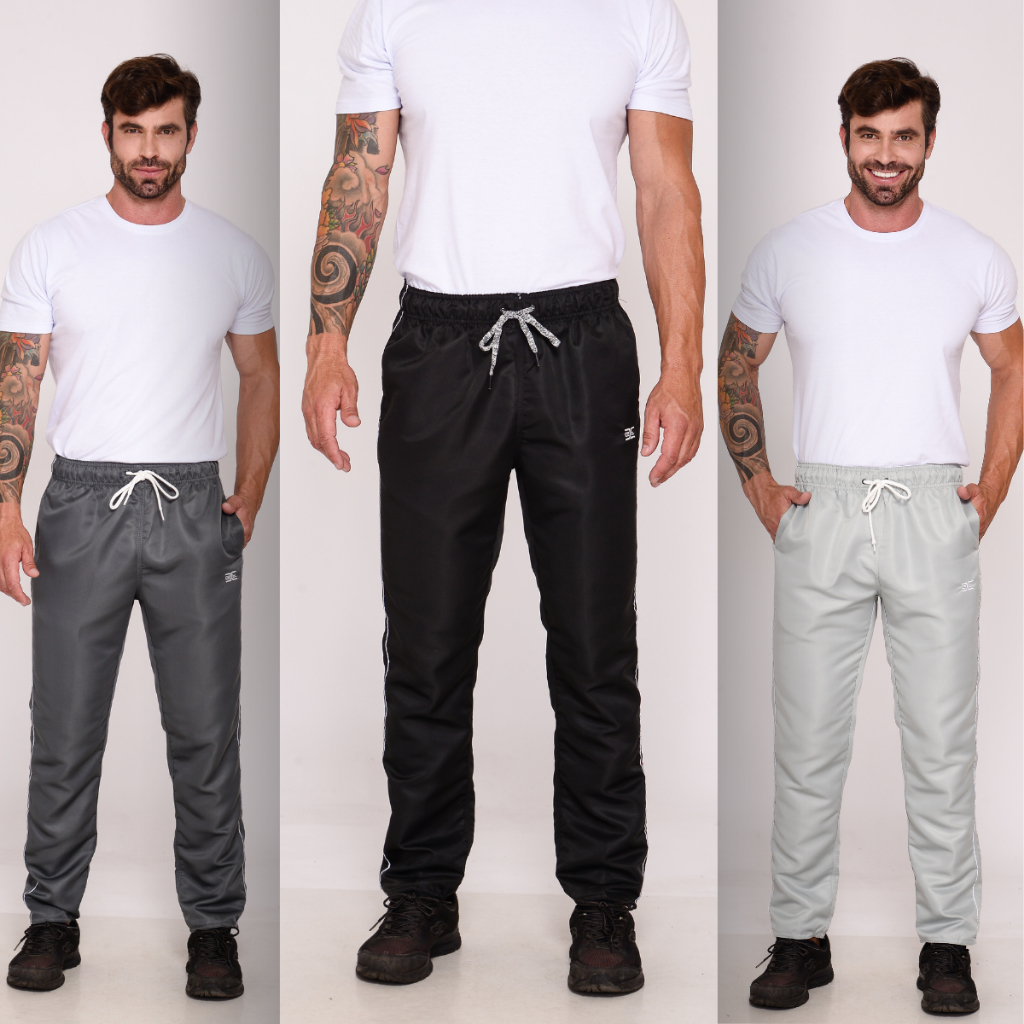 Kit 3 Calça Tactel Masculina Reforçada Esportiva Fitness Com Bolso Resistente Proteção Termica