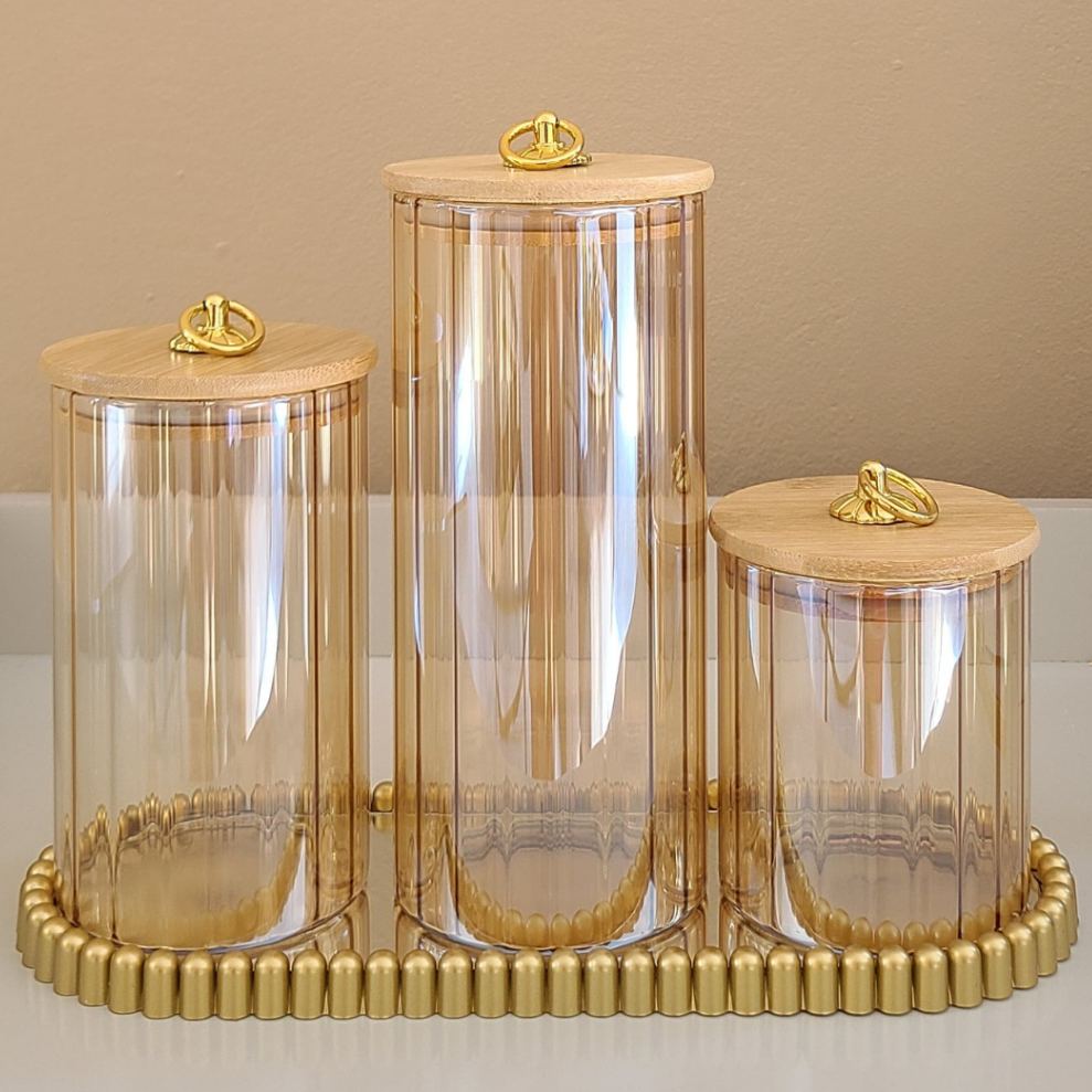 Kit Potes  canelado de  Vidro Âmbar dourado com Tampa de Bambu Argola  Hermética Design em Oferta na Shopee