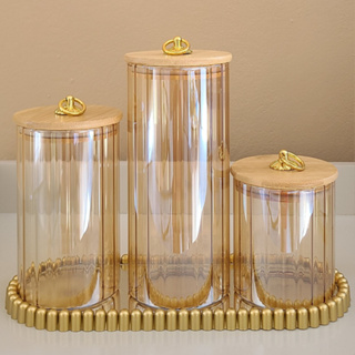 Kit Potes  canelado de  Vidro Âmbar dourado com Tampa de Bambu Argola  Hermética Design em Oferta na Shopee