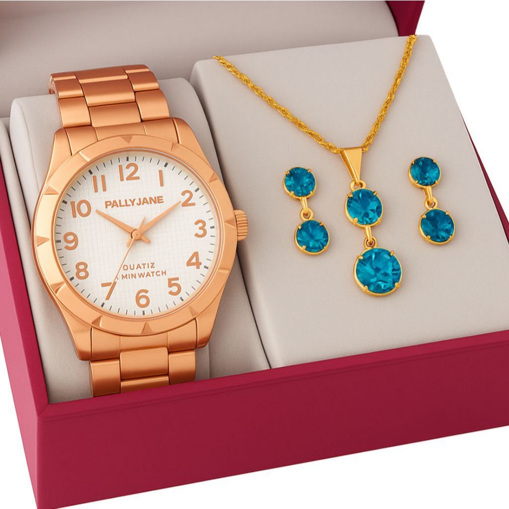 Relógio Feminino Banhado Ouro Luxo Moda Original + Colar + Brincos Aço Inoxidável 316L Antialérgico