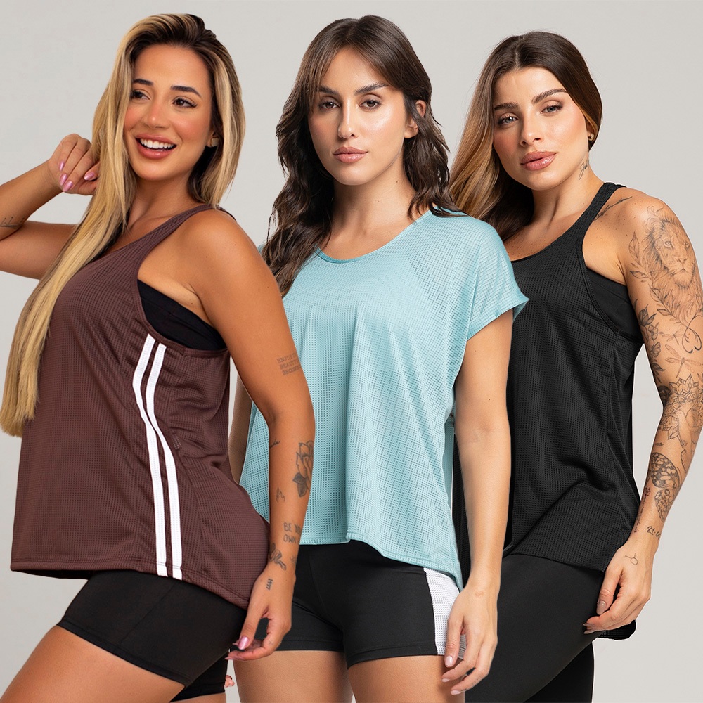 Kit blusinha dry fitness + regata lisa dry fitness + regata com duas listras (cores sortidas) em Oferta na Shopee