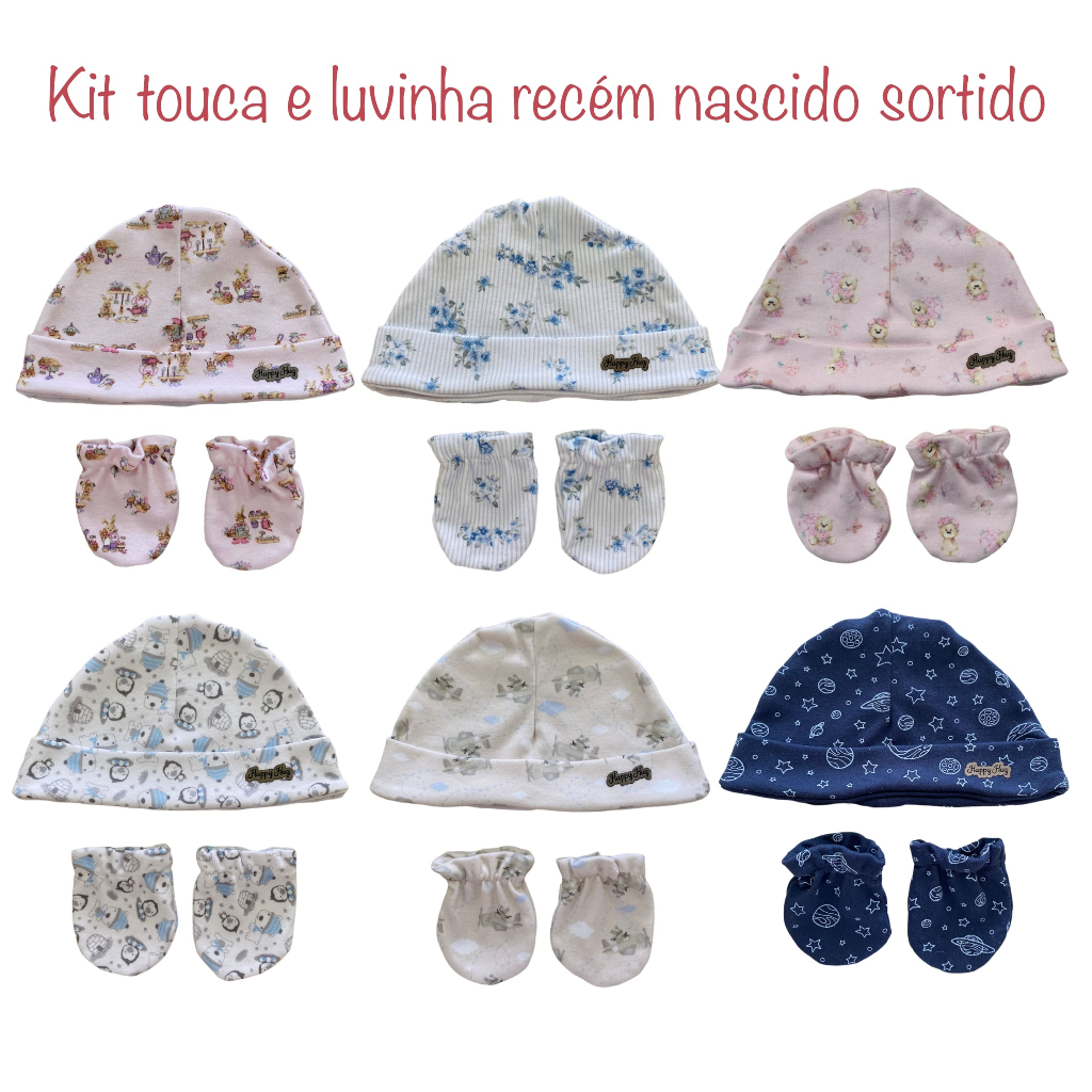 Kit touca e luva recém nascido bebê sortido estampada - Suedine 100% algodão premium