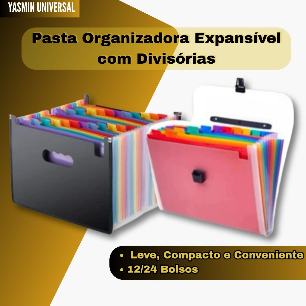 Pasta Arquivo Organizadora Expansível Divisórias Documentos 24 divisorias