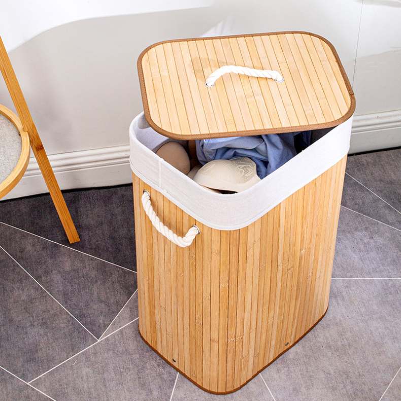 Cesto de Roupa Suja Bege Bambu 70 litros Com Tampa e Alças Forrado Organizador Banheiro em Oferta na Shopee