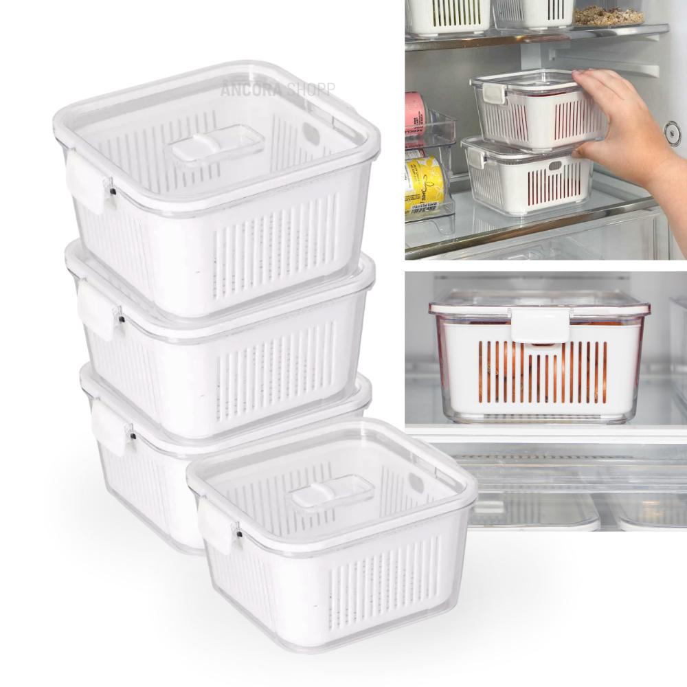Kit 4 Pote Geladeira Hermético Acrílico 1360ml Cesta Para Alimentos Fruta Verdura Legume Conserva em Oferta na Shopee