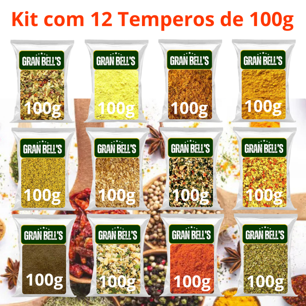Kit com 12 Pacotes de 100g de Temperos e Condimentos mais Vendidos da GRAN BELL'S