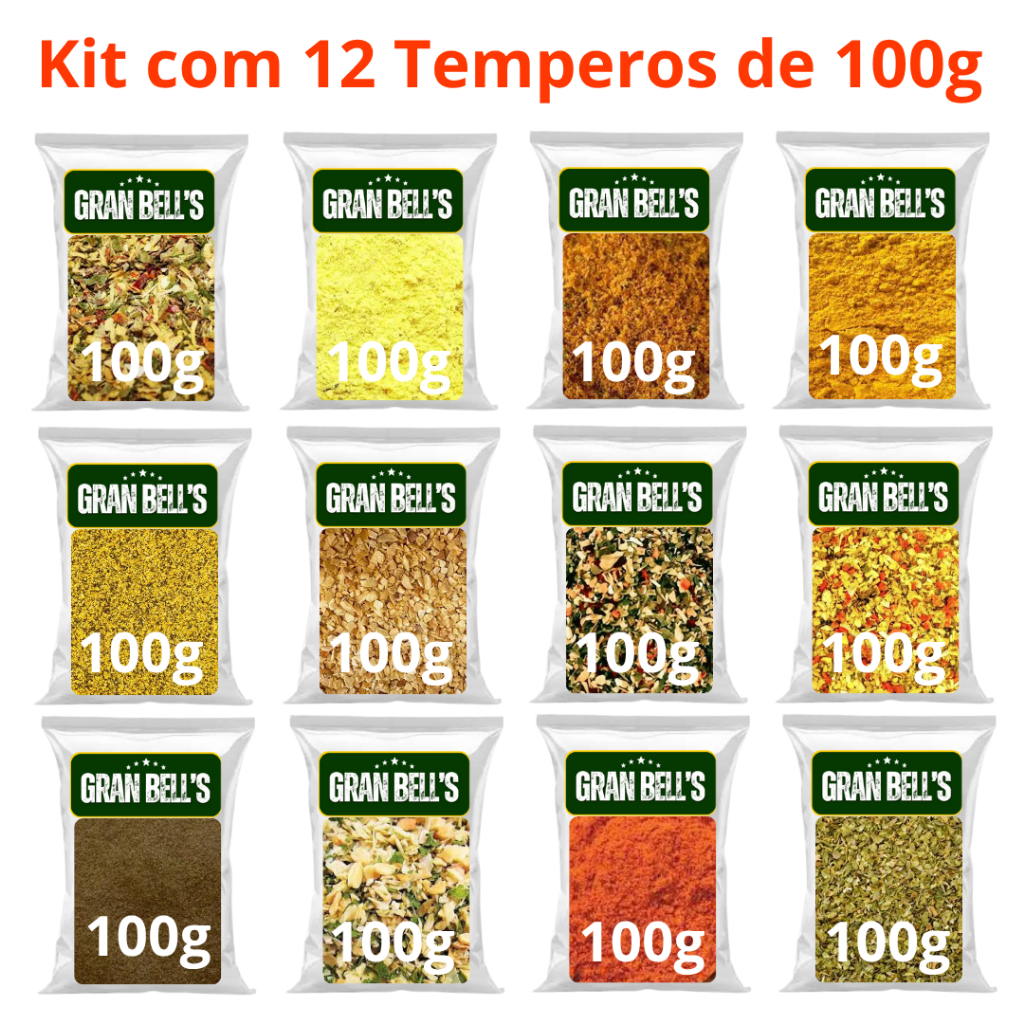 Kit com 12 Pacotes de 100g de Temperos e Condimentos Premium mais Vendidos da GRAN BELL'S