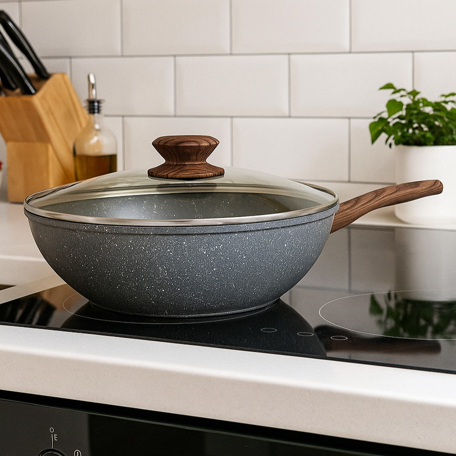 Panela Wok Antiaderente Mimo Style 28cm Grafito com Tampa para Fogão de Indução