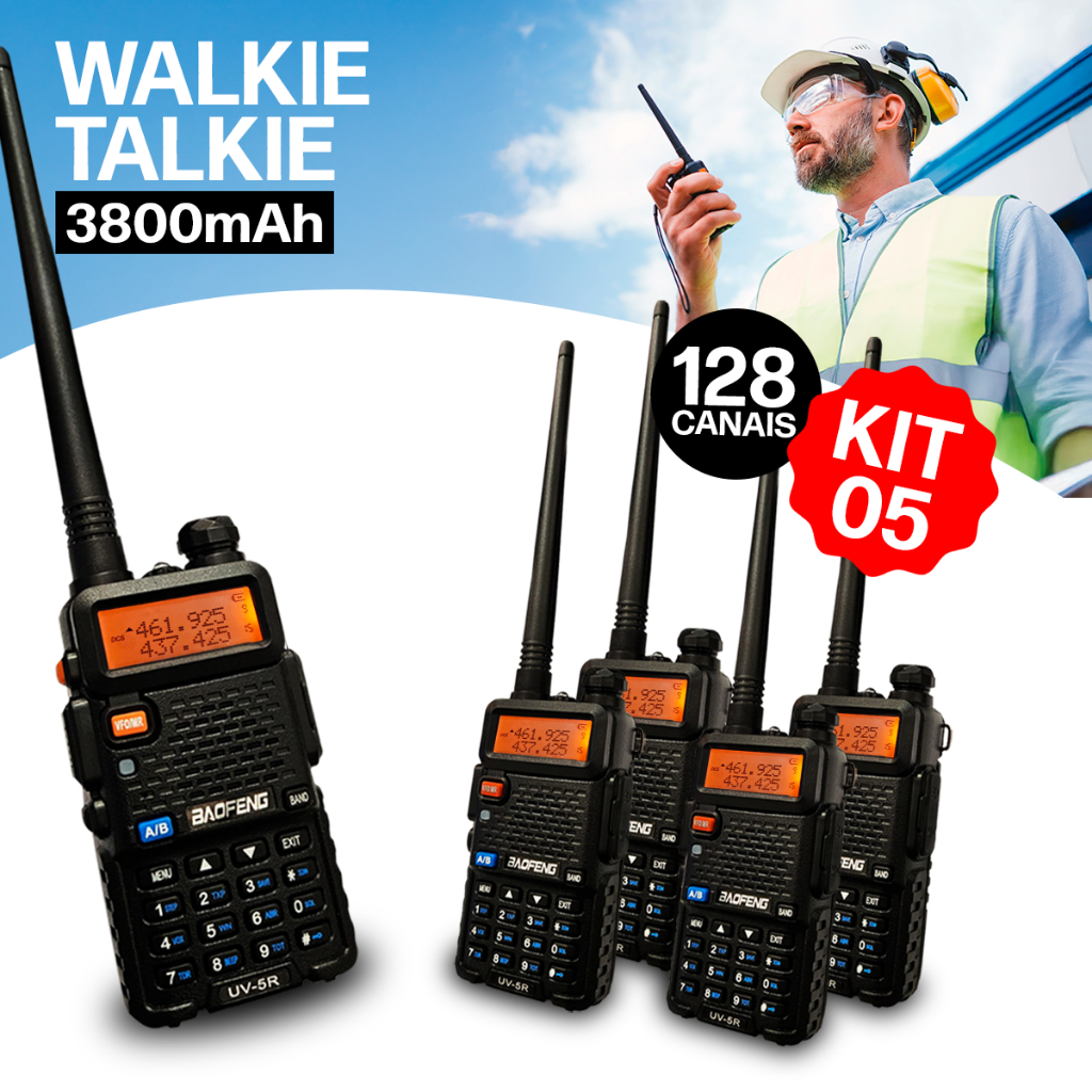 Kit 5 Rádio Comunicador Ht Dual Band Uhf Vhf Fm Baofeng Uv-5r Freqüência Walkie Talkie Walk Talk