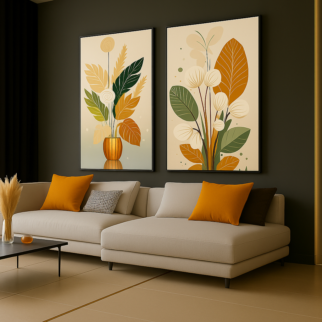 Kit 2 Quadros Decorativos Com Moldura e Vidro Para Sala Quarto Escritório Hall