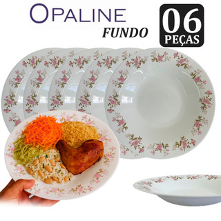 Kit Prato Fundo 06 Peças Decorado Vidro Branco 21,5 cm com Estampa Floral Opaline Restaurante Buffet